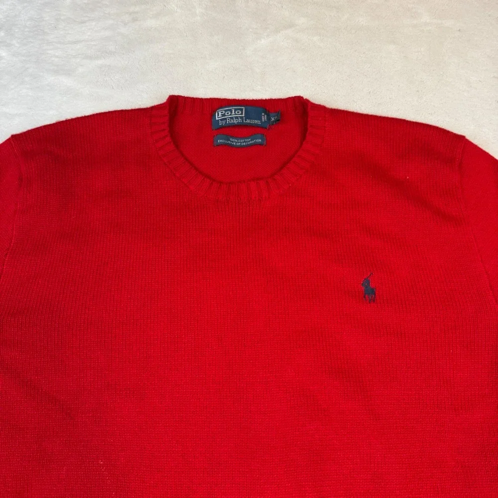 Polo Ralph Lauren Mens XL Red Cotton Crewneck Sweater Navy Pony Logo‎ Vintage